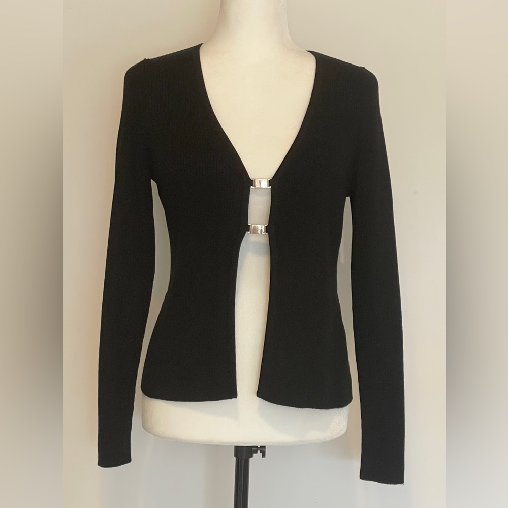Abercrombie & Fitch Chic Black Long Sleeve Slim Cardigan with Gold Accents